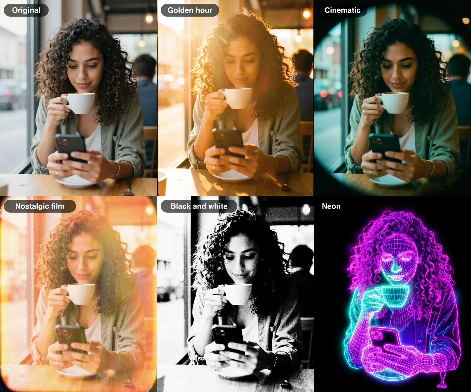The same five look prompts on a candid AI-made cafe portrait, next to the original photo