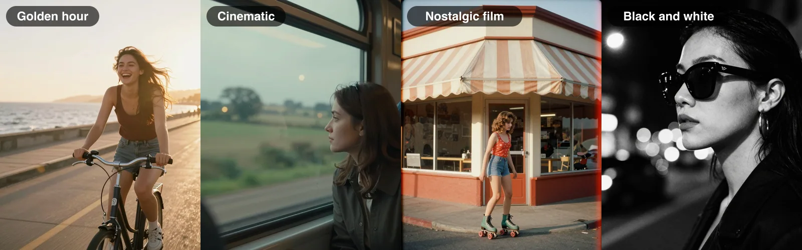 Four images made from text alone with a subject sentence plus a look clause: golden hour cyclist, cinematic train window, nostalgic roller skater, black and white profile