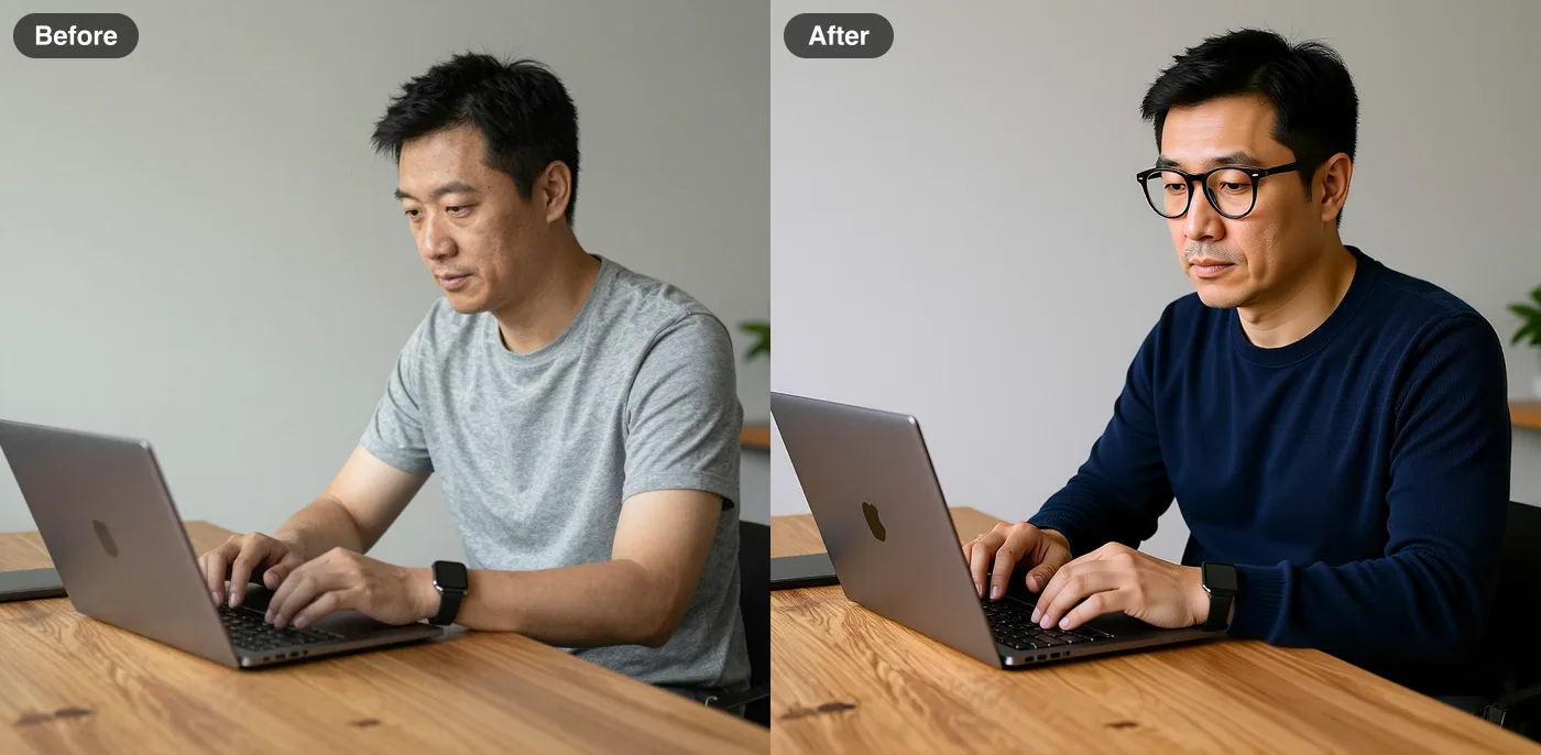Before and after: a grey t-shirt swapped for a navy knit sweater and round glasses, with the face and room unchanged (FLUX Kontext Fast)
