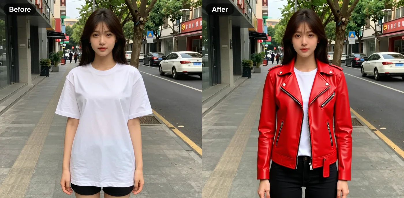 Before and after: a white t-shirt changed to a red leather jacket while the face, pose and street stay the same (FLUX Kontext Fast)