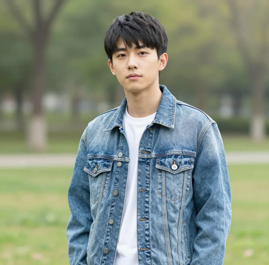 AI-made portrait of a young man in a denim jacket standing in a park in soft daylight, from a one-sentence text prompt (Z-Image Turbo)