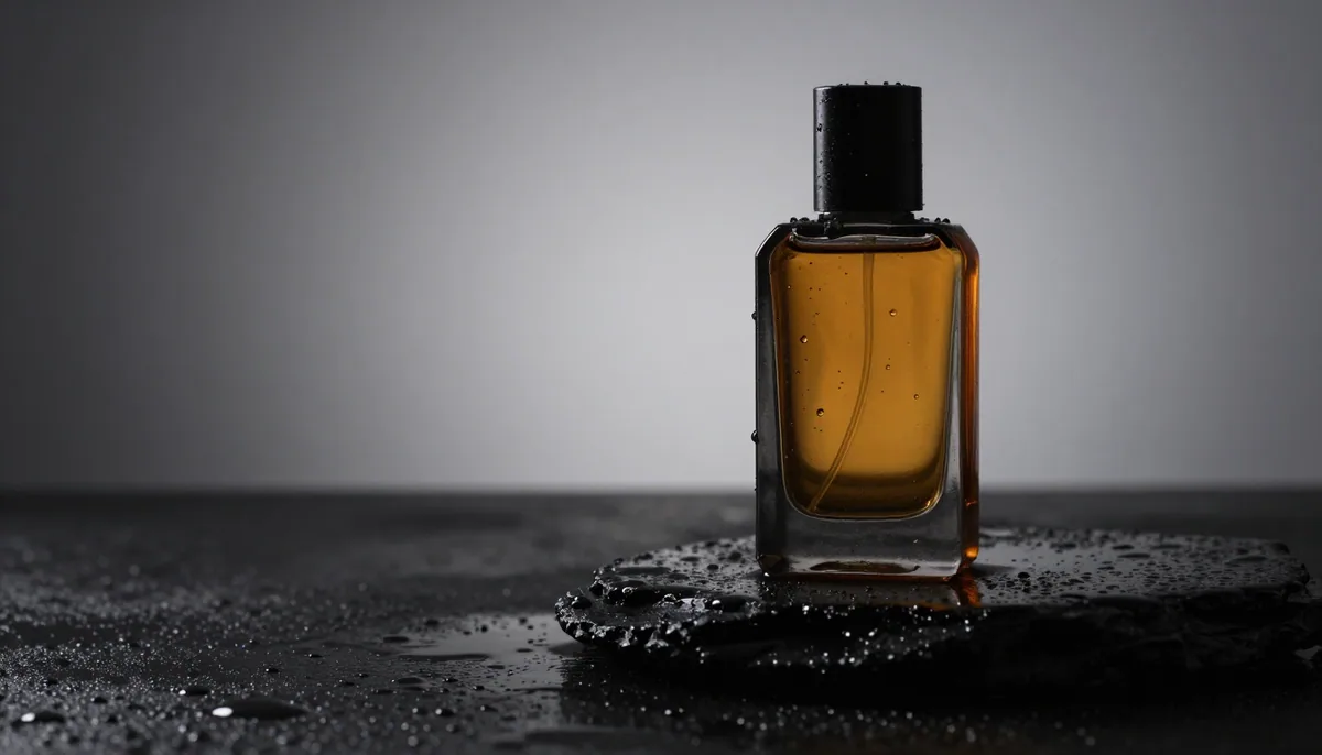 Unbranded amber perfume bottle on wet black stone with water droplets and dramatic side light, made with Z-Image Turbo
