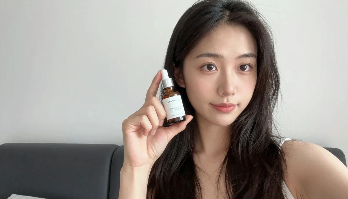 Selfie-style photo of a young woman holding up an unbranded skincare serum bottle, made with Z-Image Turbo