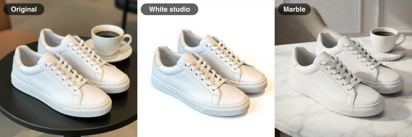 One AI-made photo of a sneaker on a cafe table, then two edits of it: a white studio backdrop with FLUX Kontext Fast and a white marble surface with Nano Banana 2 Lite
