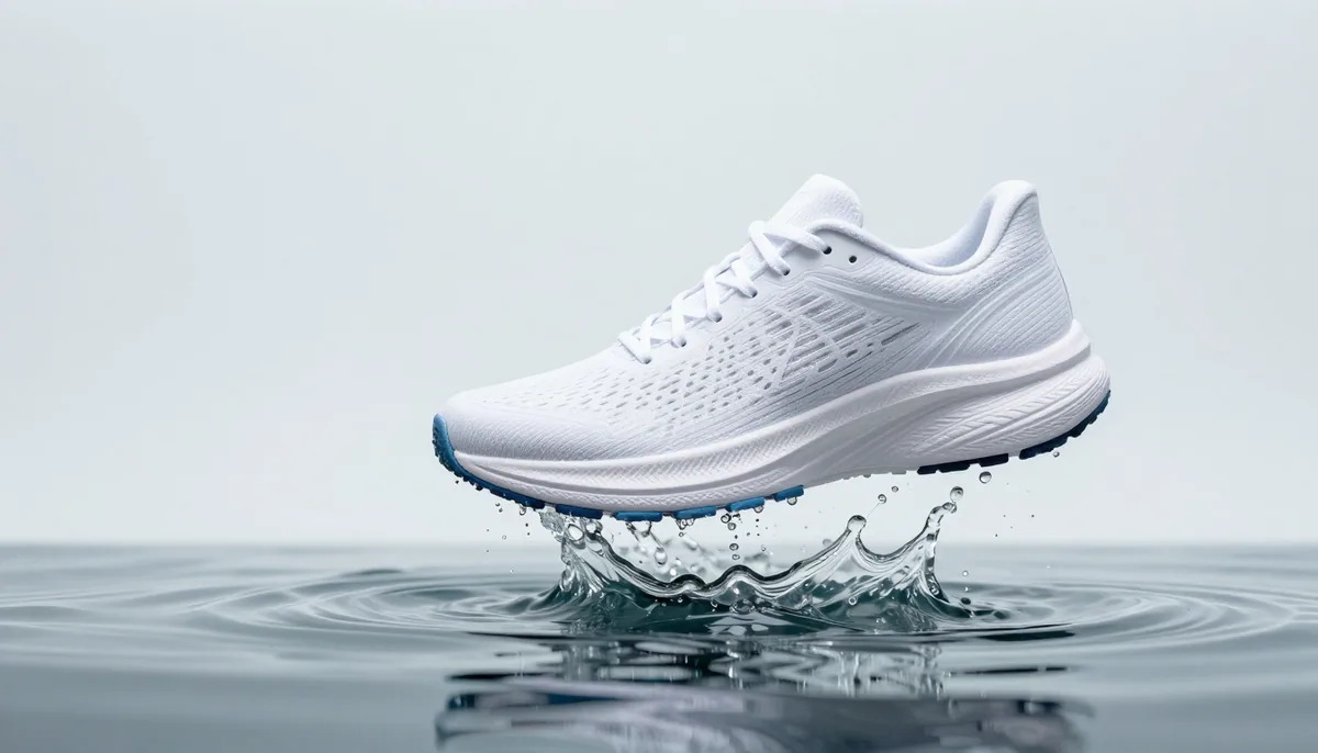 Plain white running shoe floating above a splash of water on a pale background, made with Z-Image Turbo