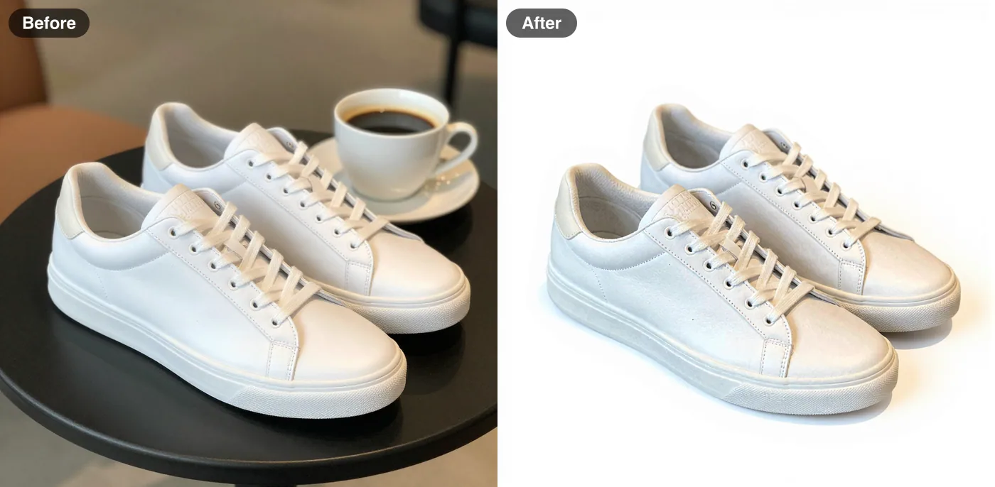 Before and after: a cafe table and coffee cup replaced by a clean white studio backdrop while the sneaker stays the same (FLUX Kontext Fast)
