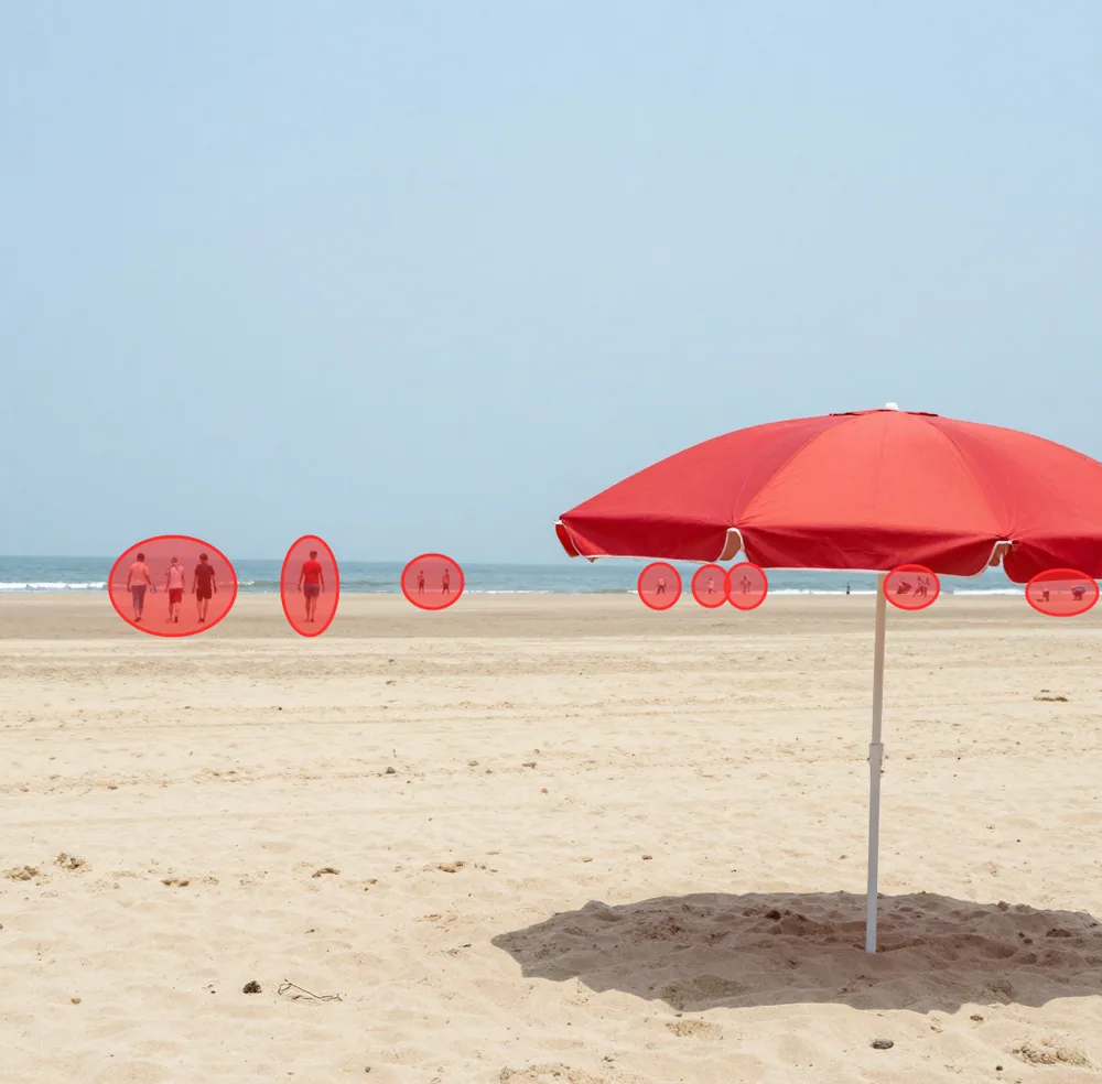 Where a Magic Eraser brush would go on the beach photo: red marks over each distant walker (drawn by hand for this article, not a tool screenshot)