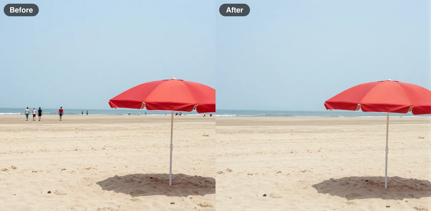 Before and after: a text instruction removed the distant people and left the umbrella, sand and sea the same (FLUX Kontext Fast)