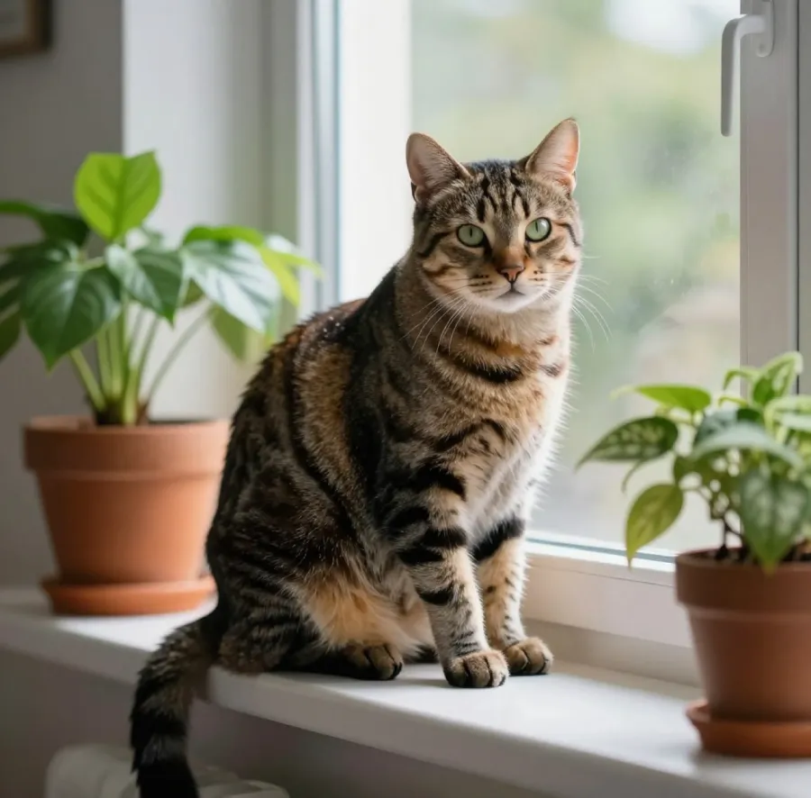 The original photo: the same tabby cat on a window sill.