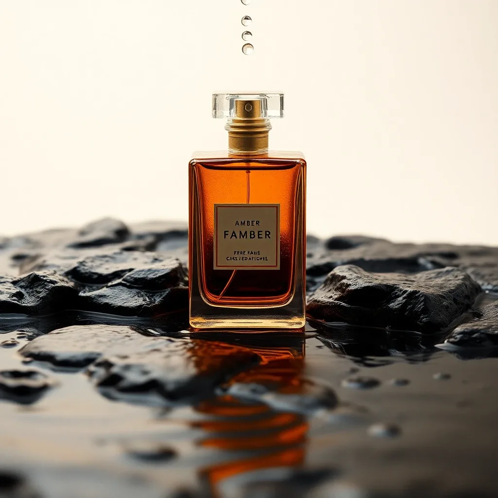 An art-directed product still life — perfume bottle on stone with sculpted light — the level of prompt craft the agent's dedicated prompt-engineering pass produces from a one-line brief.