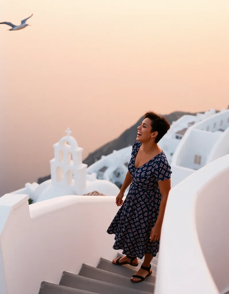 Sun-washed Santorini stairs, editorial travel style — the result of a structured brief specifying light, palette, and composition, not a lucky formula.