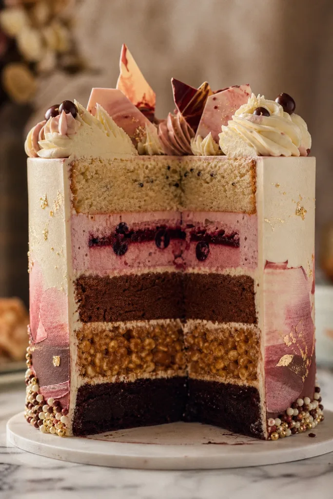 A cross-section of a five-layer celebration cake, each layer a different texture — a multi-format asset built in one Iris session, the kind of on-brief output a skill is tuned to produce.