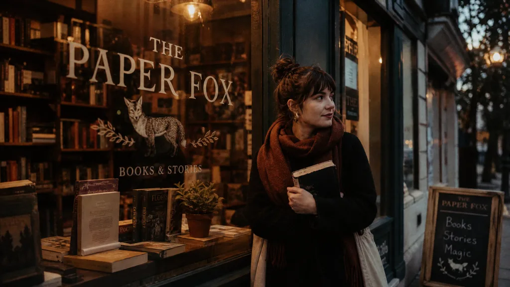 A bookshop storefront at dusk with "THE PAPER FOX" painted cleanly on the window — layout, hierarchy, and text handled in a single generation pass.