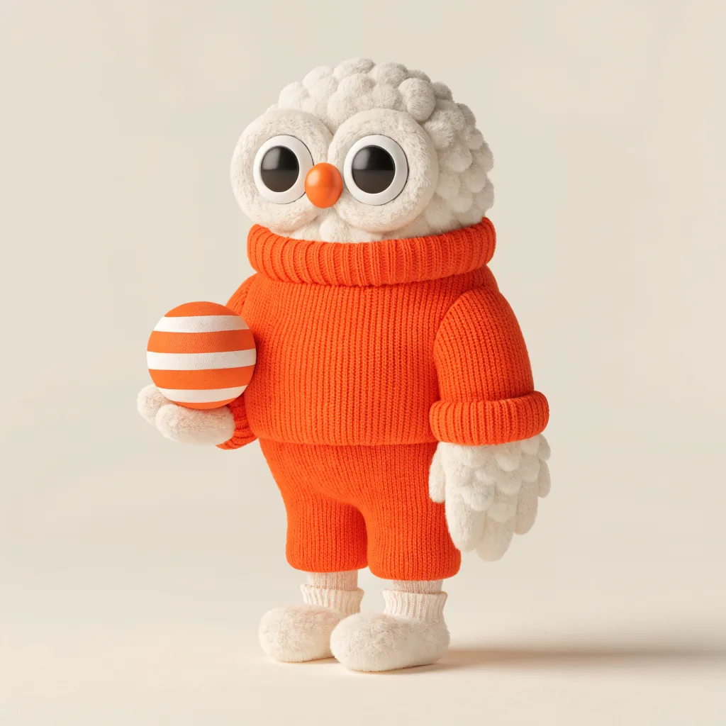 A cute owl character in an orange outfit holding a striped ball.