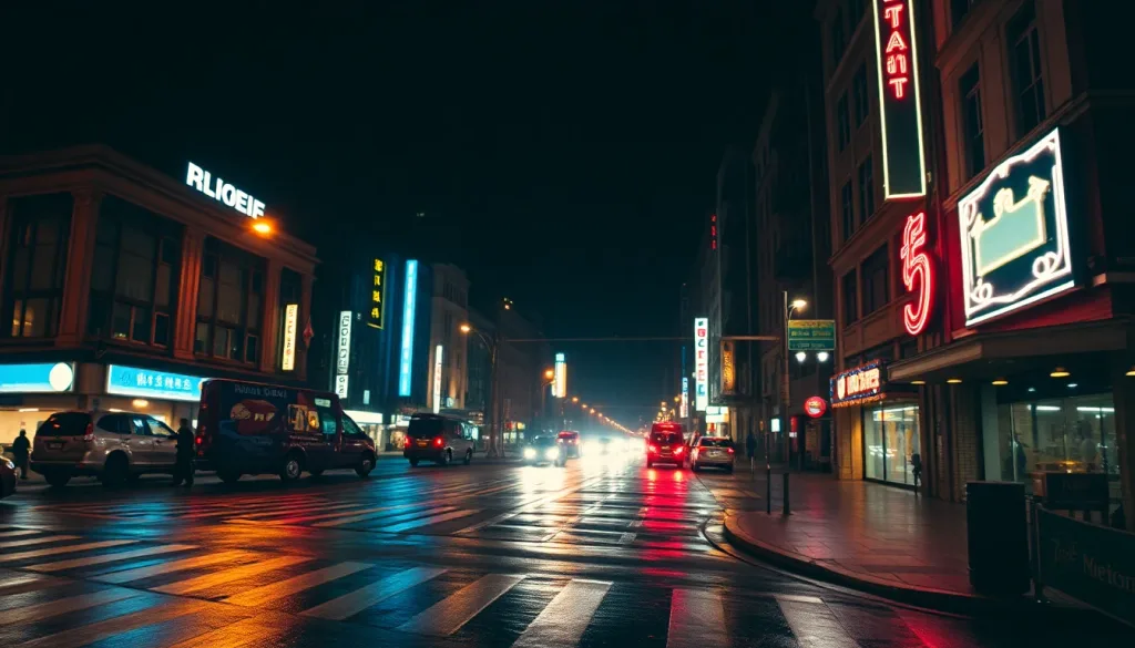 Nighttime city street with neon signs and wet pavement