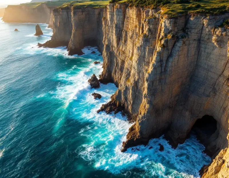 An aerial coast frame suited to a vertical travel sequence; leave room for motion and destination text when choosing source images.